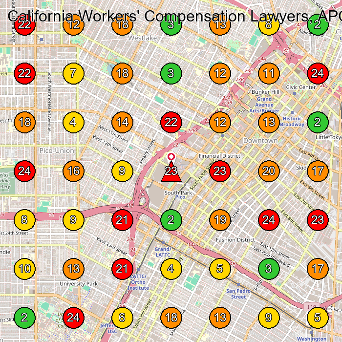 California Workers' Compensation Lawyers, APC Personal Injury Attorney GeoGrid ranking map for Los Angeles CA